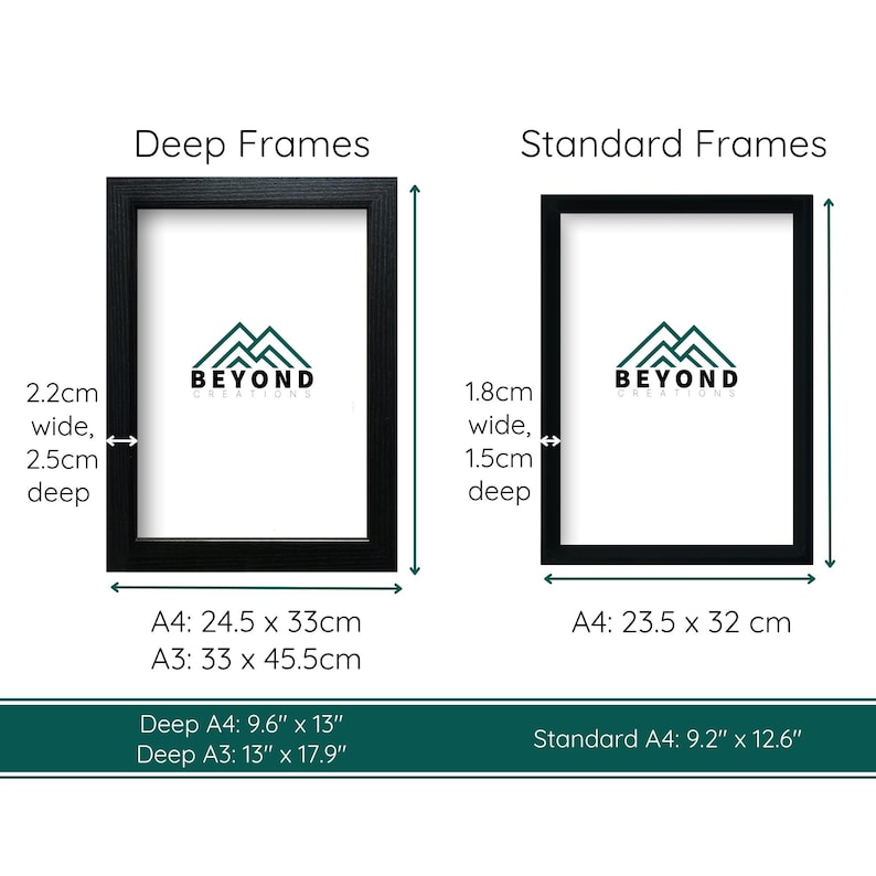 May include: Two black picture frames, labeled "Deep Frames" and "Standard Frames," with dimensions in inches and centimeters. The frames have the "BEYOND" logo. Deep frame sizes are 9.6" x 13" and 13" x 17.9". Standard frame size is 9.2" x 12.6".