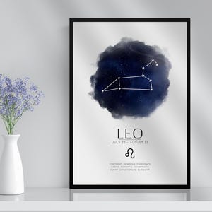 Löwe Sternzeichen Sternbild Print & Rahmen Geschenk | Astronomie Astrologie Sternzeichen Sterne Kunst Wanddekor für sie ihn ihn Freund Freundin Boho Decor