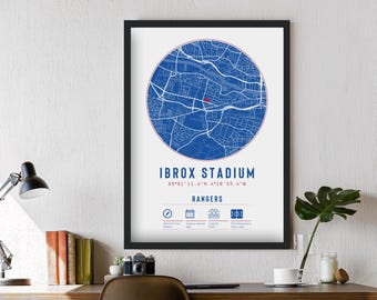 Stampa e cornice della mappa dello stadio dei Rangers / Regalo di calcio Ibrox per lui / Opera d'arte dello stadio di Glasgow / Regalo di Natale per papà, fratello e figlio tifoso