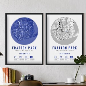 Portsmouth Fratton Park Minimalist Map Prints & Frames | Pompey F.C. Memorabilia Gift Decor Dad Granddad Uncle Brother Football FC