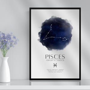 Pisces Sternzeichen Konstellation Print & Rahmen Geschenk | Astronomie Astrologie Sternzeichen Sterne Kunst Wanddekor für sie ihn ihn Freund Freundin Boho