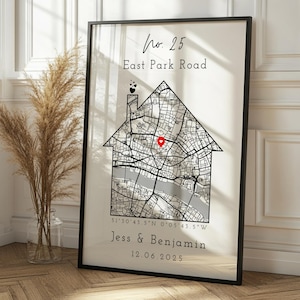 Gepersonaliseerde New Home-kaartafdruk en lijst Huisvorm | Decor OS Locatie Housewarming Cadeau Aangepast Bewegend Aanwezig Kunstposter Adres