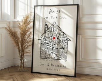 Personalisierte New Home Map Print & Rahmen Hausform | Decor OS Lage Einweihungsparty Geschenk Individuell Umzugsgeschenk Kunstposter Strasse Adresse