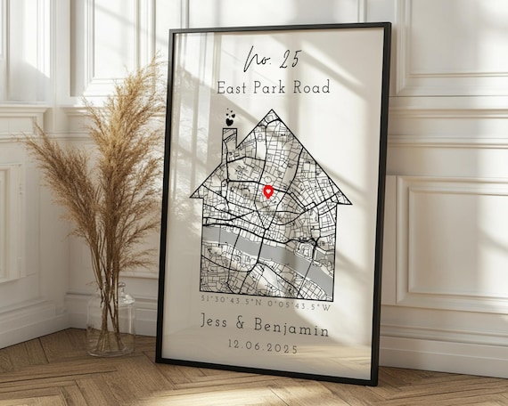 Personalised House Map Print – New Home Gift – Custom Housewarming Keepsake – Framed, Ready To Hang