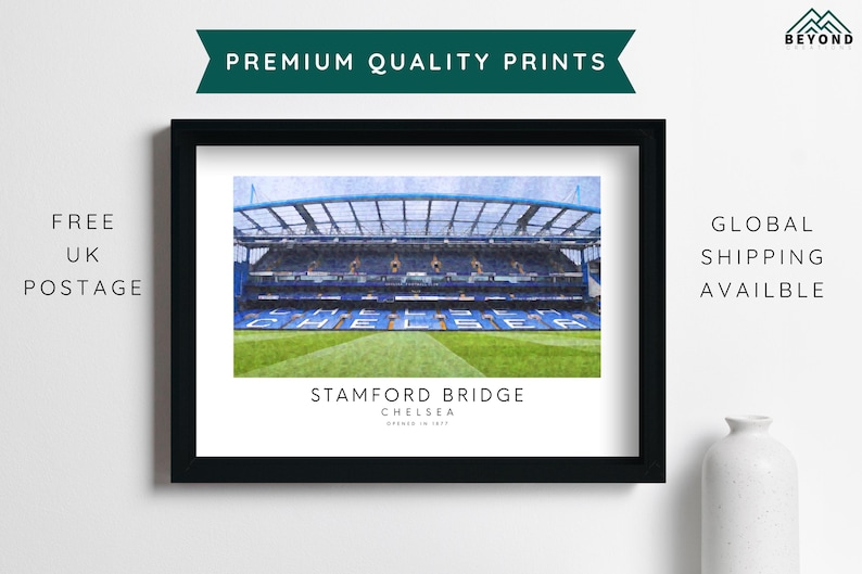 May include: A watercolor painting of Stamford Bridge, the home of Chelsea Football Club. The stadium is shown in a blue and green color scheme with the text "Stamford Bridge Chelsea Founded in 1905" below the image.