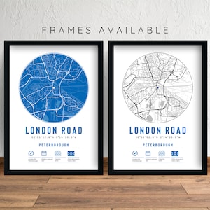 Peterborough United London Road Minimalist Map Prints & Frames | The Posh F.C. Gift Decor Dad Memorabilia Granddad Uncle Brother Football