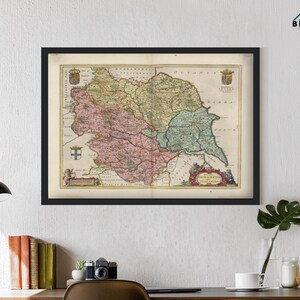 Vintage kaart van Yorkshire 1665 Dvcatvs Eboracensis | Schilderij Art Print woondecoratie cadeauposter voor hem vader opa Blaeu Atlas Maior Antique