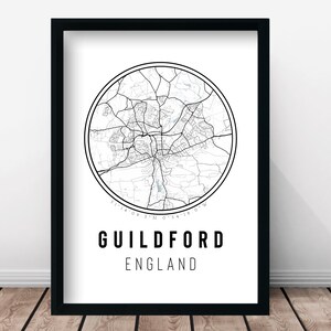 Guildford High Detail Minimalist City Map Print & Frames | Gift Him Her Black White Grey Traveller Home Decor England UK Design Holiday