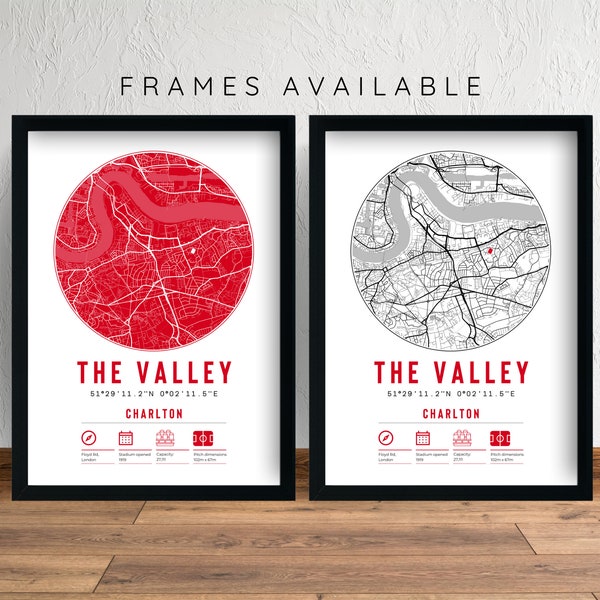 Charlton Athletic FC The Valley Minimalist Map Prints & Frames | Addicks F.C. Gift Decor Dad Memorabilia Granddad Uncle Brother Football