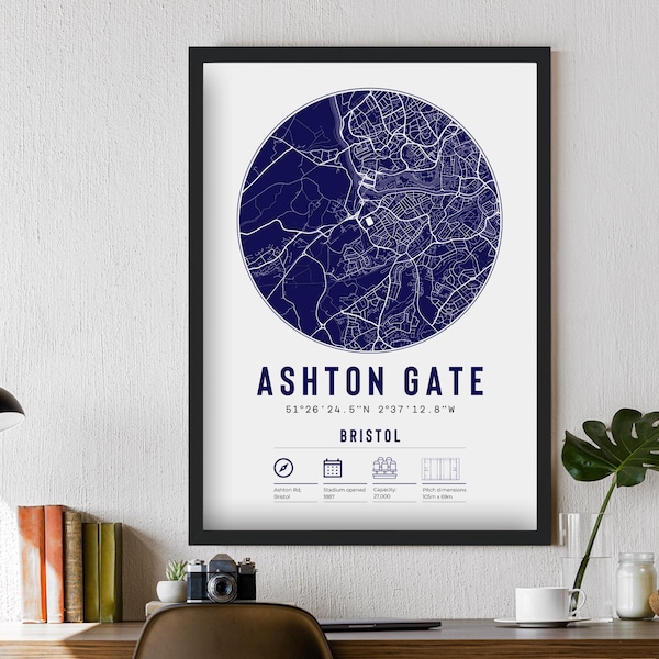 Póster de mapa minimalista del estadio Bristol Ashton Gate Bears, impresiones y marcos para regalo, decoración, papá, abuelo, tío, hermano, aficionado al rugby.
