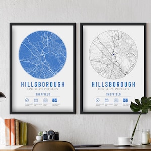 Sheffield Wednesday Hillsborough Minimalist Map Prints & Frames | Owls Gift Decor Football F.C. Dad Granddad Brother Uncle Dad Stadium Owls