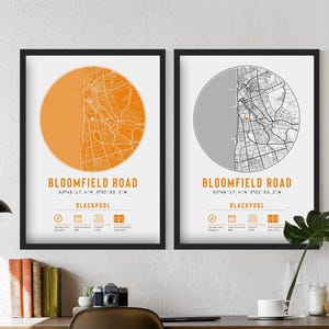 Blackpool FC Bloomfield Road Minimalistische Karte Prints & Rahmen | The Seasiders F.C. Geschenk Dekor Papa Erinnerungsstücke Opa Onkel Bruder Fußball