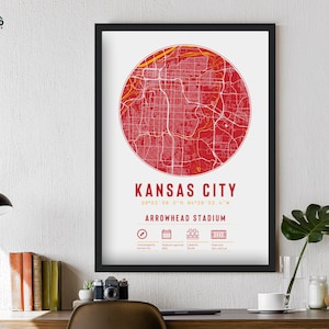 Kansas City Chiefs Arrowhead Stadium Mapa Impressão Presente emoldurado exclusivo | Para ele Pai Irmão Avô Tio Decoração de pôster de futebol americano