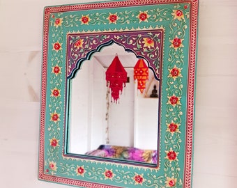 Turquoise Indian Floral Hand Painted Wall Mirror