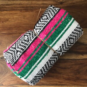 Mexican Falsa Blanket | Traditional hand loomed pink & Green   120cm × 185cm
