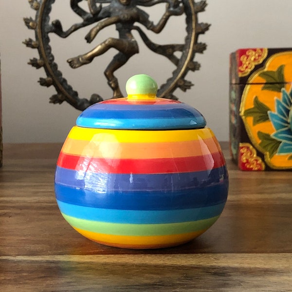 Hand painted rainbow stripe ceramic sugar bowl