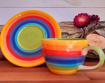 Hand painted rainbow coffee cup and saucer