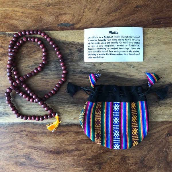 Wooden Mallah Beads Buddhist Prayer Beads In Handmade Nepalese Pouch