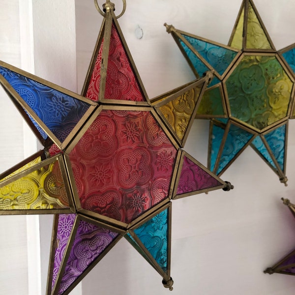 Moroccan Style Star Lantern in Coloured Glass | Size: 25 x 25 x 6cm