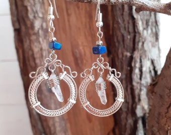 Peruvian Crystal Circle Earrings with Silver Plated Hooks (Blue Stones)