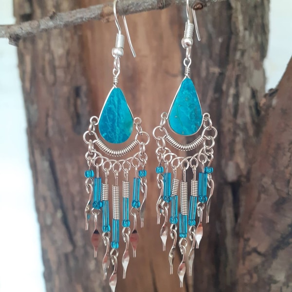 Peruvian Stone Tear Drop Earrings Silver Plated Hooks Peruvian Turquoise Stone