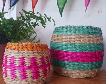Handmade Stripe Seagrass Planter Set