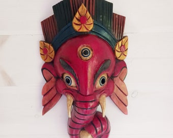 Masque en bois Ganesh sculpté à la main | Tenture murale | Rouge