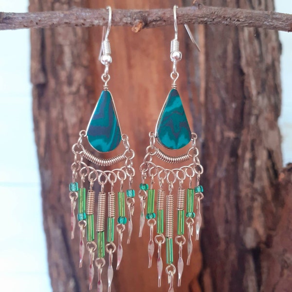 Peruvian Stone Tear Drop Earrings Silver Plated Hooks Dark Green Agate Stone