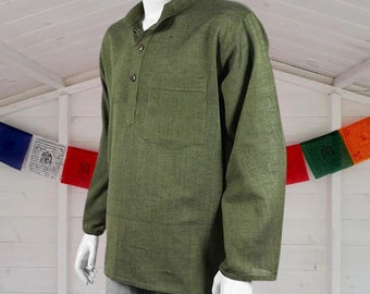 Nepalese Plain Colour Shirt | Khaki Green Cotton Grandad Hippie shirt 3 sizes