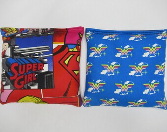 Set of 8 Cornhole Bags Superhero Wonder women  Red & Black Handmade MADE in the USA