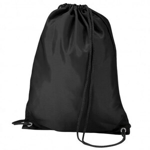 May include: A black drawstring backpack made of a smooth, possibly nylon, material. The bag has a drawstring closure at the top and two drawstrings that can be used as shoulder straps. The bottom corners have metal grommets for the drawstrings.