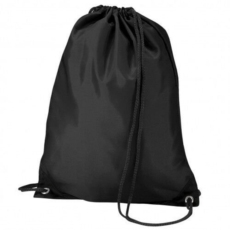 May include: A black drawstring backpack made of a smooth, possibly nylon, material. The bag has a drawstring closure at the top and two drawstrings that can be used as shoulder straps. The bottom corners have metal grommets for the drawstrings.