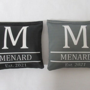 Set of 8 All Weather Resin Filled Monogram Family Name Cornhole Bags Choose Your Colors Handmade MADE in the USA