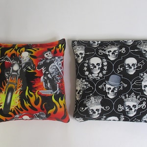 Set of 8 Cornhole Bags Skull Skeleton Biker Harley Orange & Black Motorcycle Handmade MADE in the USA
