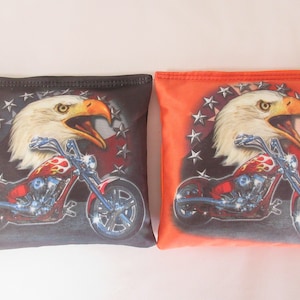 Set of 8 Cornhole Bags Eagle Motorcycle Chopper Orange & Black Custom Handmade Made in the USA