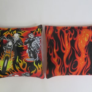 Set of 8 Cornhole Bags Flames Harley Orange & Black Skull Motorcycle Biker Handmade MADE in the USA