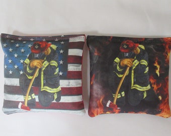 Set of 8 Cornhole Bags Patriotic Fire Department Rescue Fire Fighter Red Lives Firefighter Kneeling Praying Handmade MADE in the USA