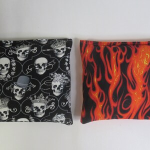 Set of 8 Cornhole Bags Flames Harley Orange & Black Skulls Handmade MADE in the USA