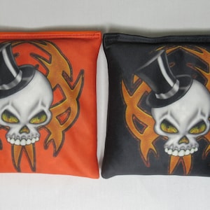 Set of 8 Cornhole Bags SKULL Motorcycle Biker Top Hat Flames Harley Orange & Black Custom Handmade Made in the USA