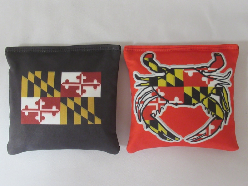 Set of 8 Cornhole Bags Maryland Flag Crab Patriotic Black & Red Custom Handmade Made in the USA