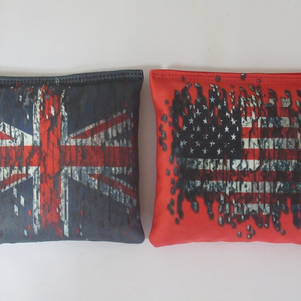 Set of 8 Cornhole Bags British UK Flag & USA American Flag Vintage Distressed Patriotic Blue Red Bags Custom Handmade Made in the USA