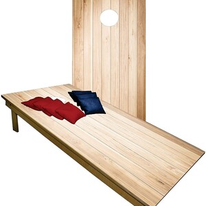 May include: A wooden cornhole game set with a brown wooden board and a white circle target. The set includes red and blue bean bags.