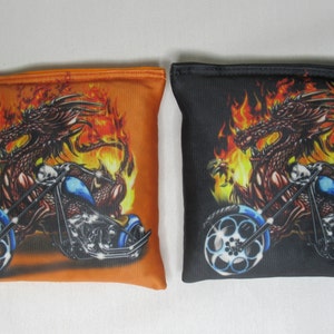 Set of 8 Cornhole Bags Motorcycle Biker Dragon Flames Harley Orange & Black Custom Handmade Made in the USA