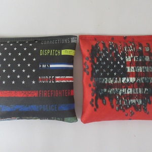 Set of 8 Cornhole Bags First Responders Flag & American Patriotic Red USA Flag Distressed Handmade MADE in the USA
