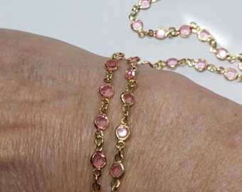 24KT Gold Layered w/20mils Chain with 4mm Pink Crystals, Permanent Jewelry By The Inch