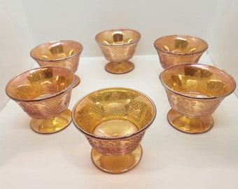 Set Of 6 Federal Glass NORMANDIE "Bouquet and Lattice" Marigold Sherbet Bowls