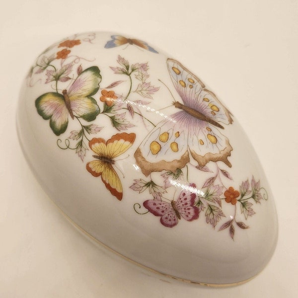 Vintage Fine Porcelain Egg Trinket Box Avon Butterflies Flowers Gold Trim 1970s