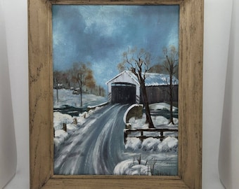 Vintage Winter Bridge Painting By J Harnly Local Artist Manheim Pa