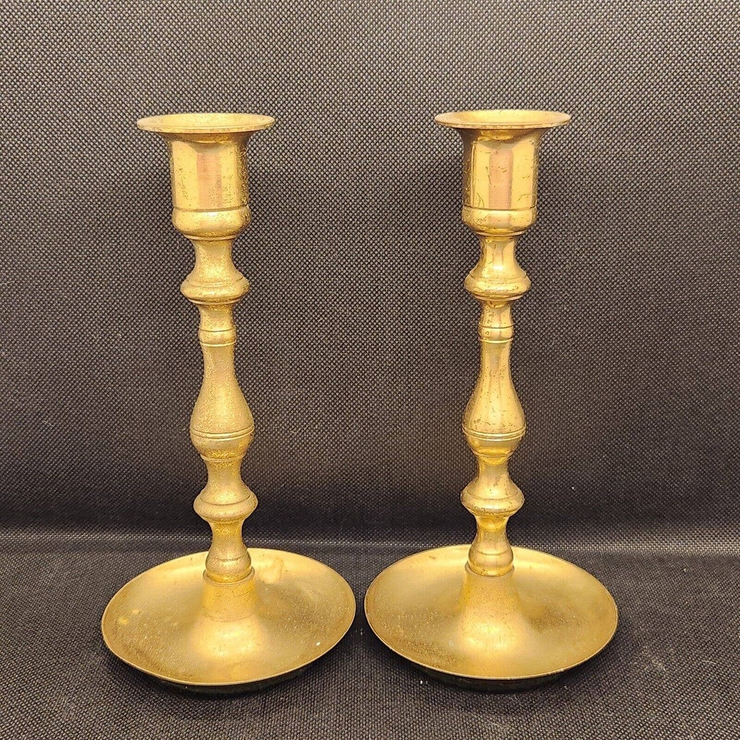 Vintage Brass Candlesticks Holders Set With Drip Pans 7.25 Felt Bottom