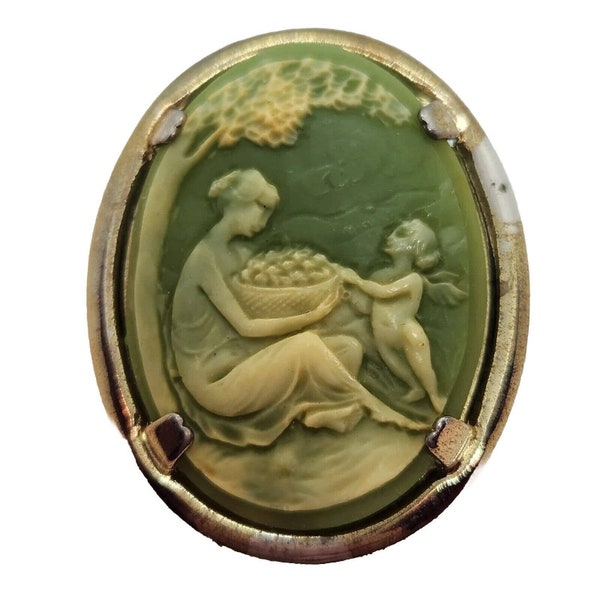 1960s Resin Lady with Fruit Basket Cherub Under Tree Cameo Pin Brooch